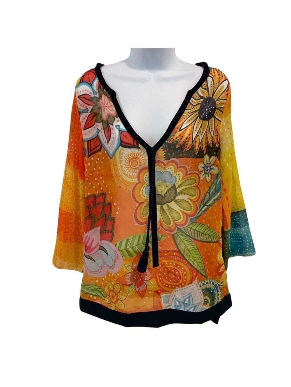 Desigual sheer festive top 3/4 sleeves floral Pom Pom V neckline orange yellow